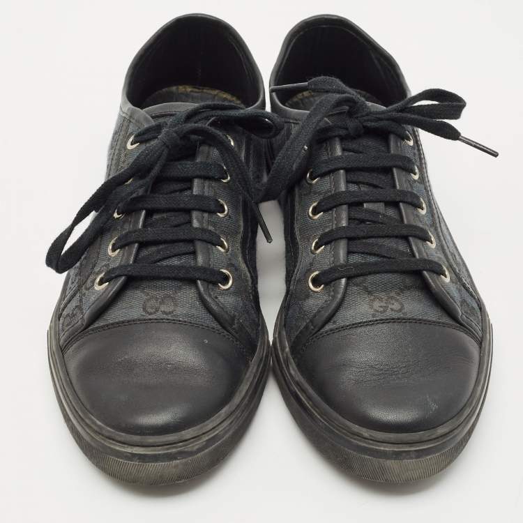 Pre Owned Gucci Black/Blue Leather And GG Canvas Cap Toe Low Top Sneakers Size 38.5