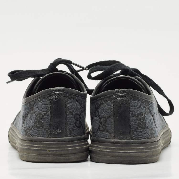 Pre Owned Gucci Black/Blue Leather And GG Canvas Cap Toe Low Top Sneakers Size 38.5