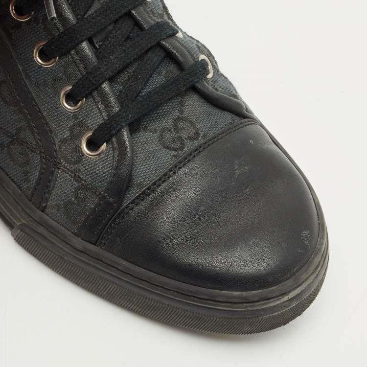 Pre Owned Gucci Black/Blue Leather And GG Canvas Cap Toe Low Top Sneakers Size 38.5