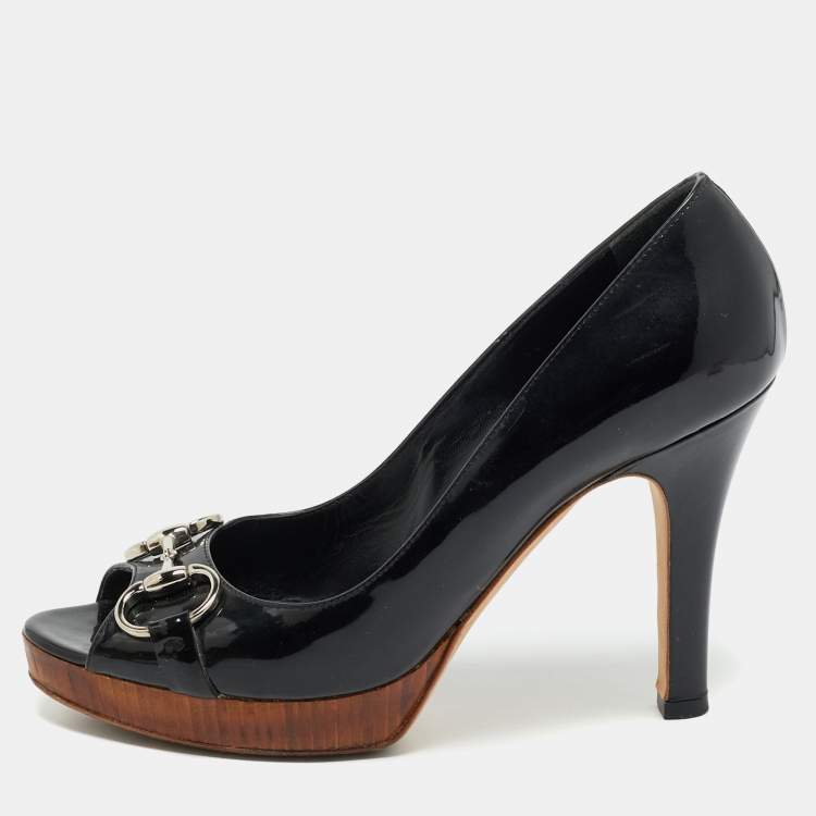 Pre Owned Gucci Black Patent Leather Peep Toe Platform Pumps Size 38