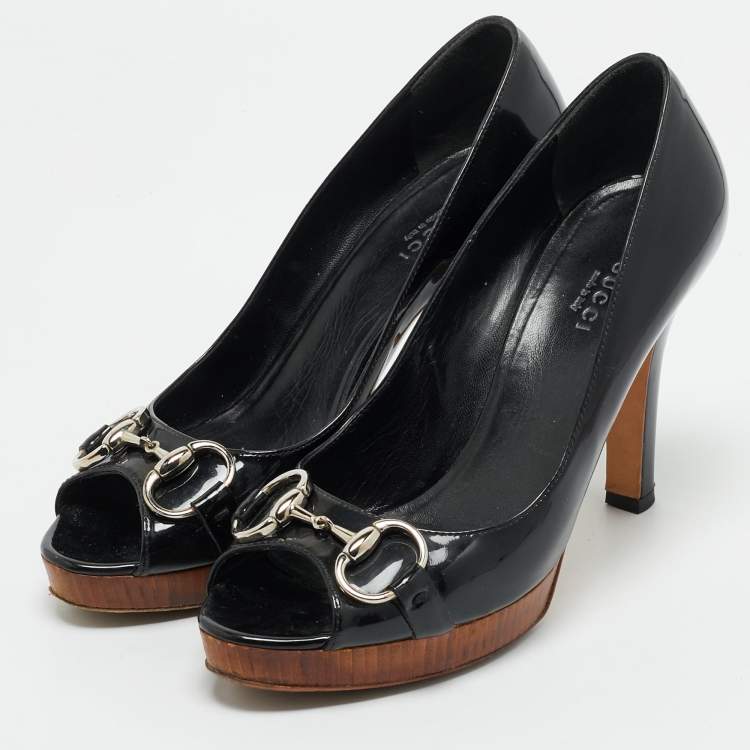 Pre Owned Gucci Black Patent Leather Peep Toe Platform Pumps Size 38