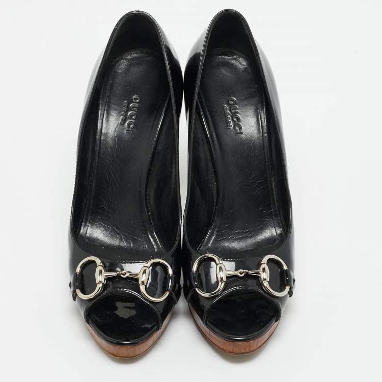 Pre Owned Gucci Black Patent Leather Peep Toe Platform Pumps Size 38