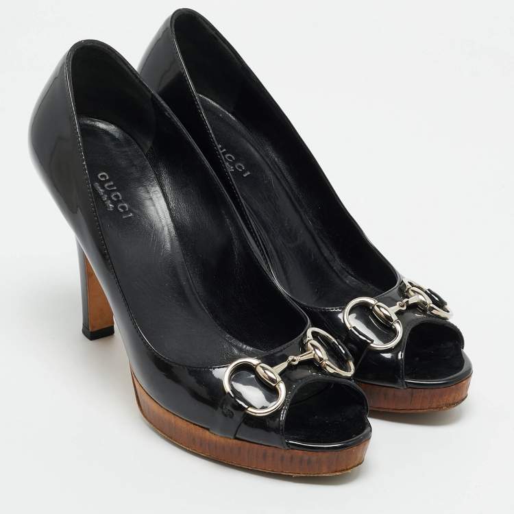 Pre Owned Gucci Black Patent Leather Peep Toe Platform Pumps Size 38