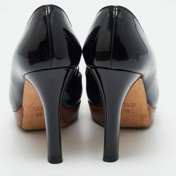 Pre Owned Gucci Black Patent Leather Peep Toe Platform Pumps Size 38