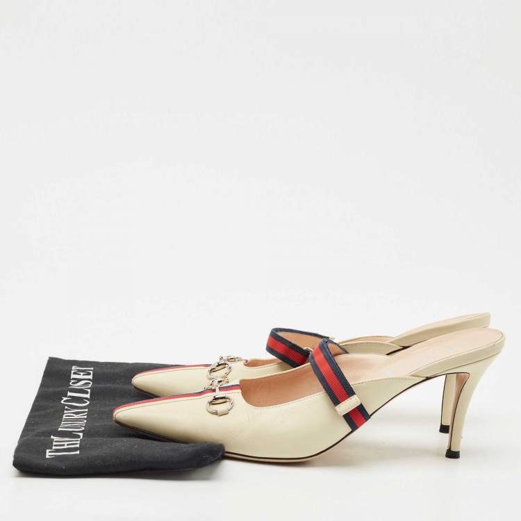 Pre Owned Gucci Cream/Red Leather Emma Web Strap Horsebit Mules Size 40.5