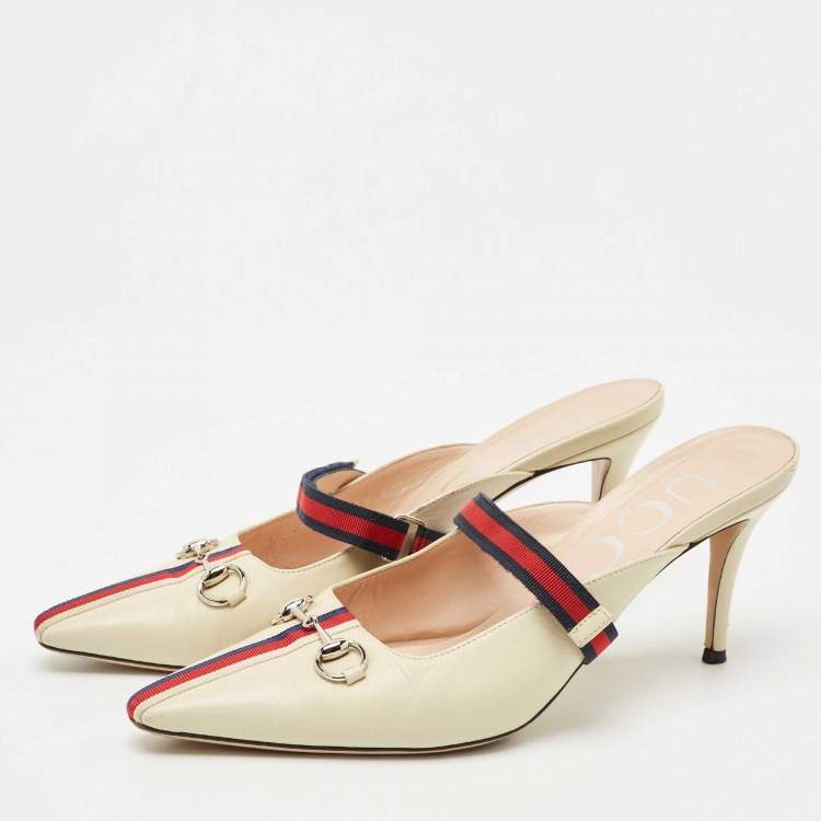 Pre Owned Gucci Cream/Red Leather Emma Web Strap Horsebit Mules Size 40.5