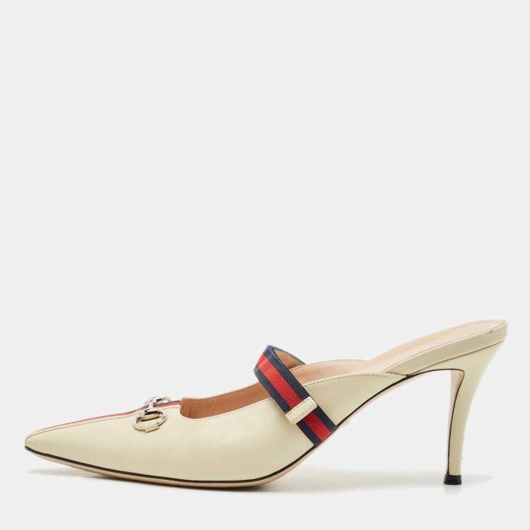 Pre Owned Gucci Cream/Red Leather Emma Web Strap Horsebit Mules Size 40.5