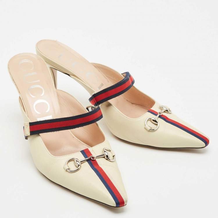 Pre Owned Gucci Cream/Red Leather Emma Web Strap Horsebit Mules Size 40.5