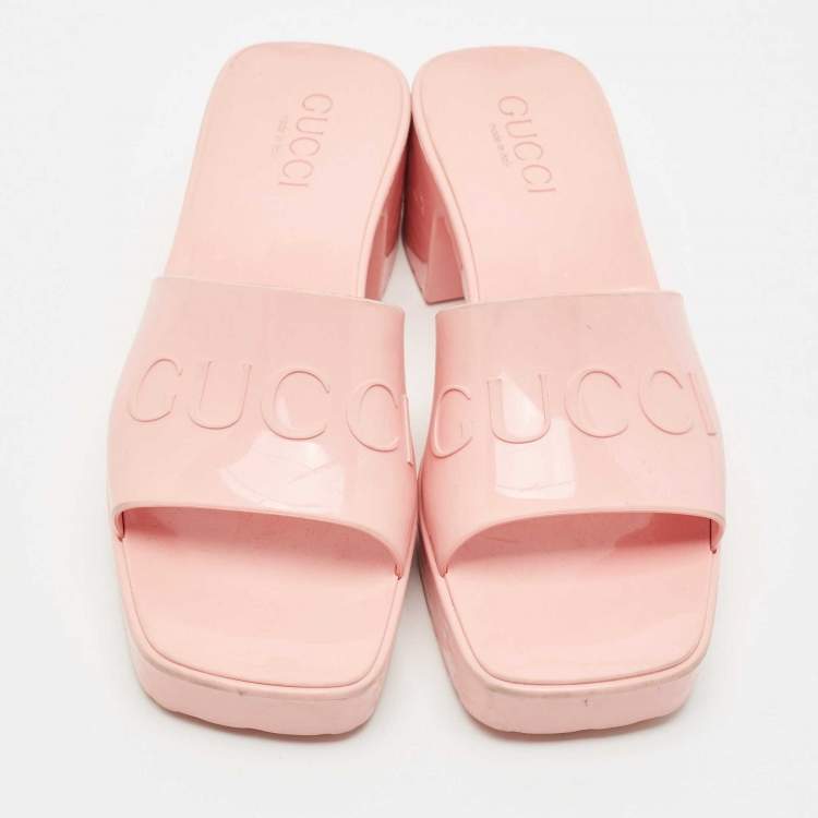Pre Owned Gucci Pink Rubber Logo Platform Slides Size 36