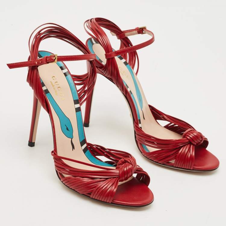 Pre Owned Gucci Red Leather Allie Knot Ankle Strap Sandals Size 36.5