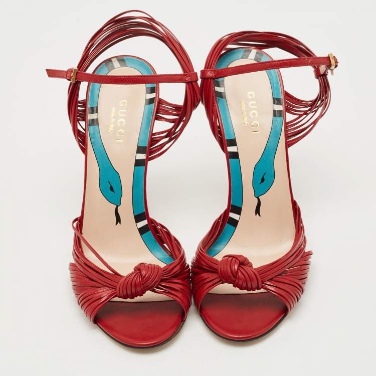 Pre Owned Gucci Red Leather Allie Knot Ankle Strap Sandals Size 36.5