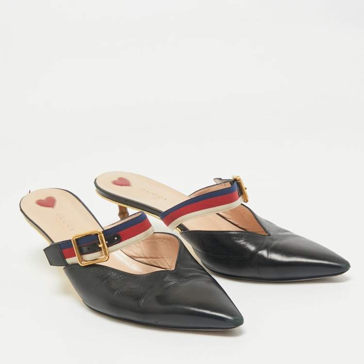 Pre Owned Gucci Black Leather Web Pointed Toe Bamboo Heel Mules Size 40.5