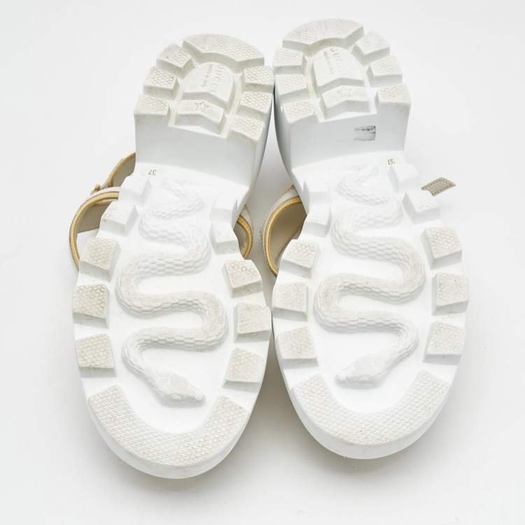 Pre Owned Gucci White/Cream Leather Ankle Strap Block Heel Platform Sandals Size 37