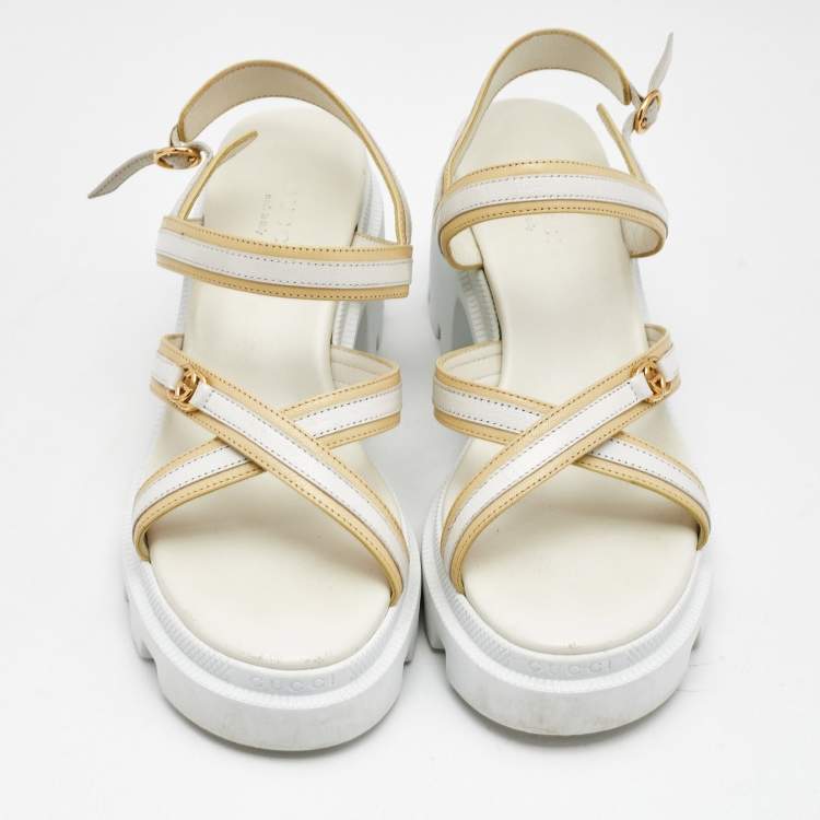 Pre Owned Gucci White/Cream Leather Ankle Strap Block Heel Platform Sandals Size 37
