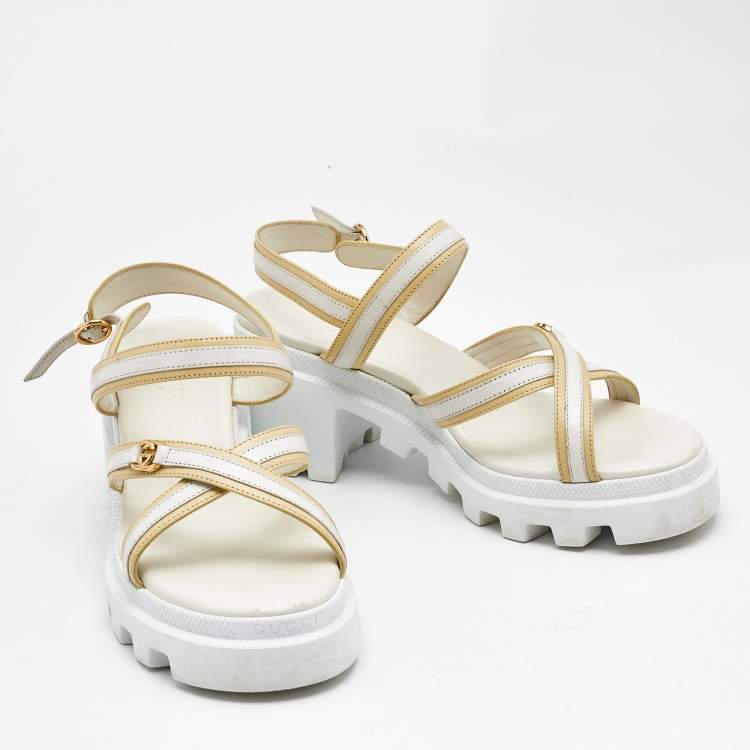 Pre Owned Gucci White/Cream Leather Ankle Strap Block Heel Platform Sandals Size 37