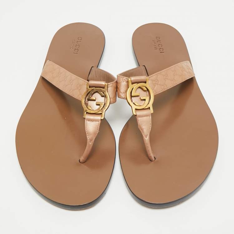 Pre Owned Gucci Metallic Beige Microguccissima Leather Thong Flats Size 39.5