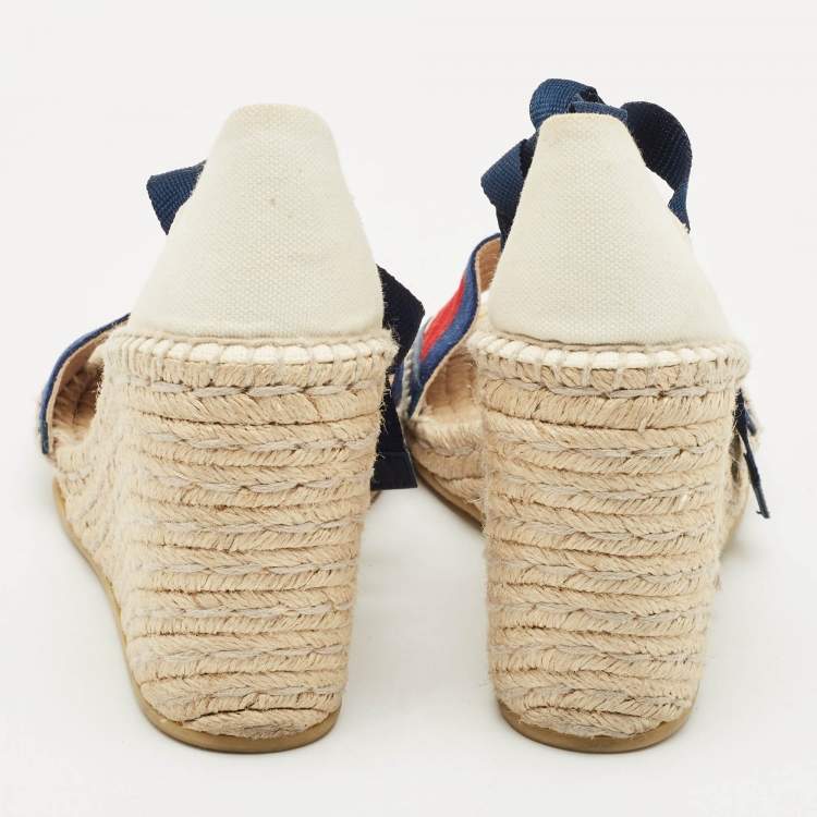 Pre Owned Gucci Multicolor Canvas Web Espadrille Wedge Ankle Wrap Sandals Size 37.5