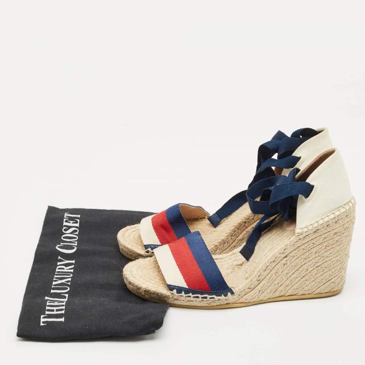 Pre Owned Gucci Multicolor Canvas Web Espadrille Wedge Ankle Wrap Sandals Size 37.5