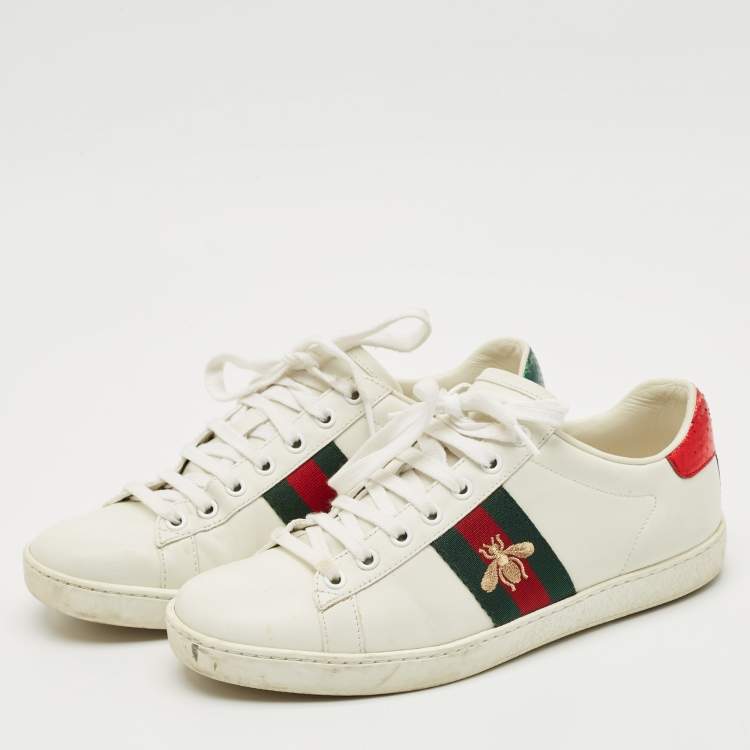 Pre Owned Gucci White Leather Embroidered Bee Ace Low Top Sneakers Size 37.5