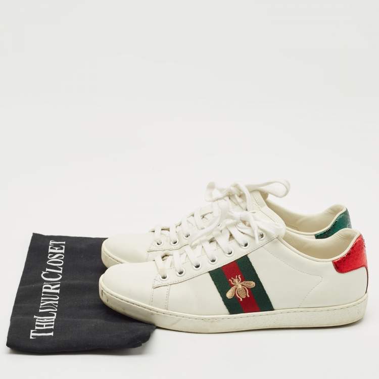 Pre Owned Gucci White Leather Embroidered Bee Ace Low Top Sneakers Size 37.5