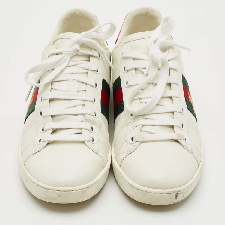 Pre Owned Gucci White Leather Embroidered Bee Ace Low Top Sneakers Size 37.5