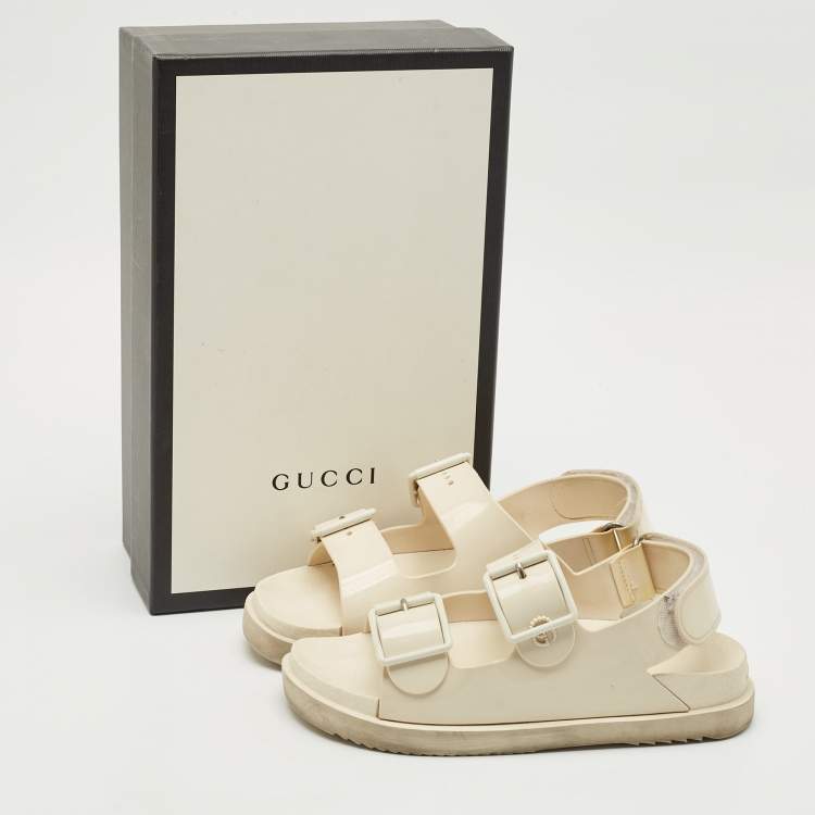 Pre Owned Gucci Off White Rubber Double G Logo Dusty Ankle Strap Flat Sandals Size 36