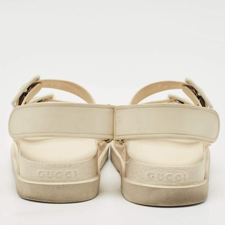 Pre Owned Gucci Off White Rubber Double G Logo Dusty Ankle Strap Flat Sandals Size 36
