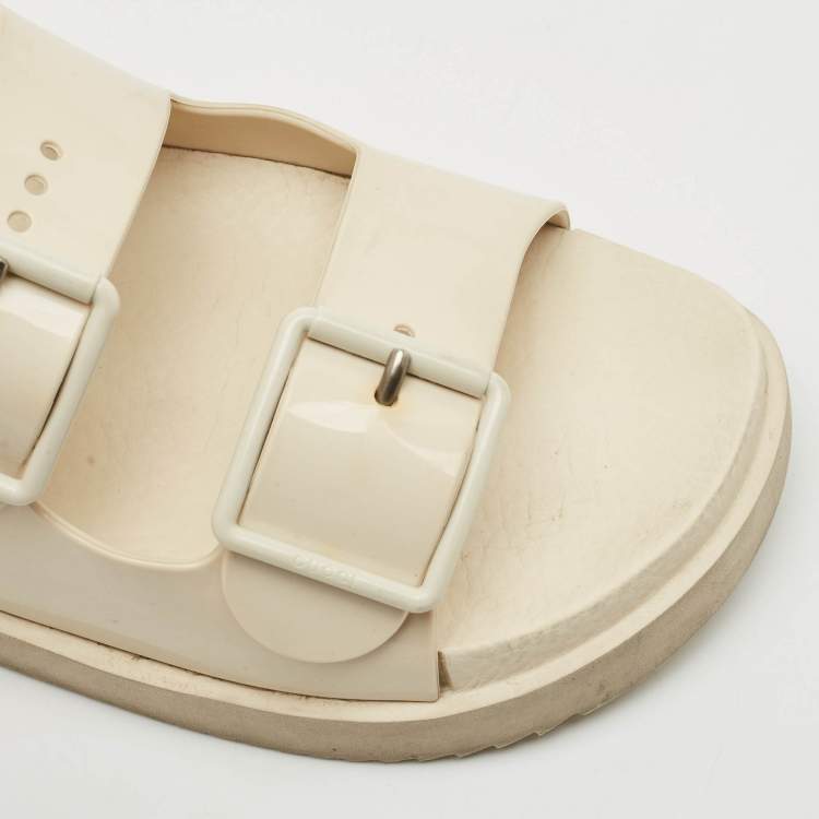 Pre Owned Gucci Off White Rubber Double G Logo Dusty Ankle Strap Flat Sandals Size 36
