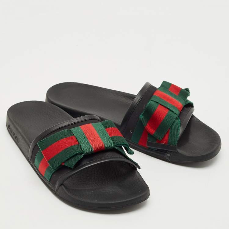 مملوكة مسبقًا Gucci Tri Color Canvas and Leather Trim Sylvie Flat Slides Size 39