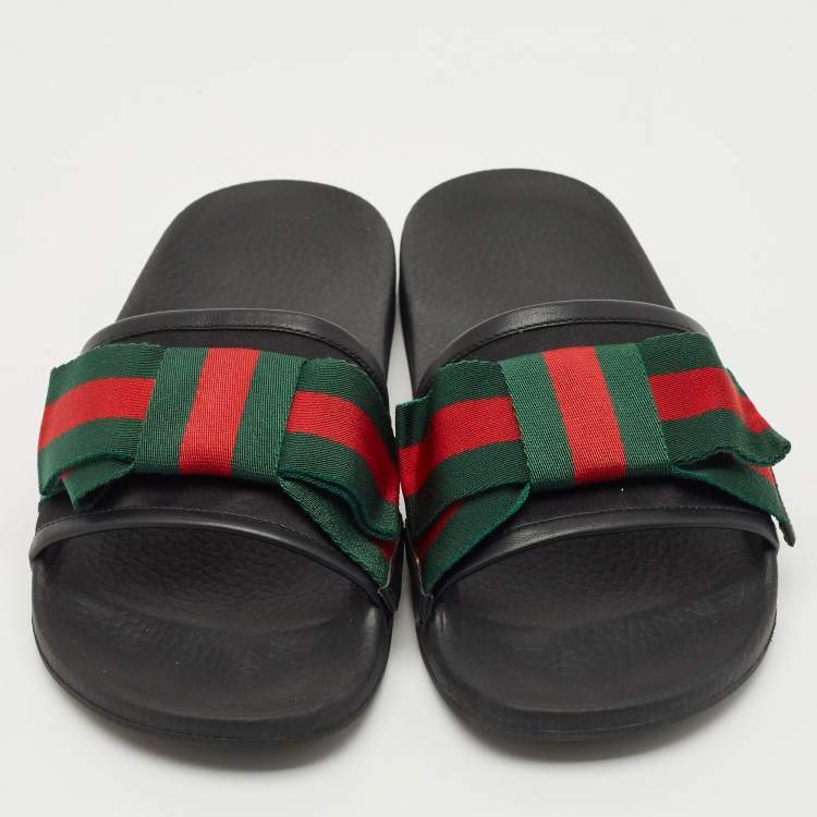 مملوكة مسبقًا Gucci Tri Color Canvas and Leather Trim Sylvie Flat Slides Size 39