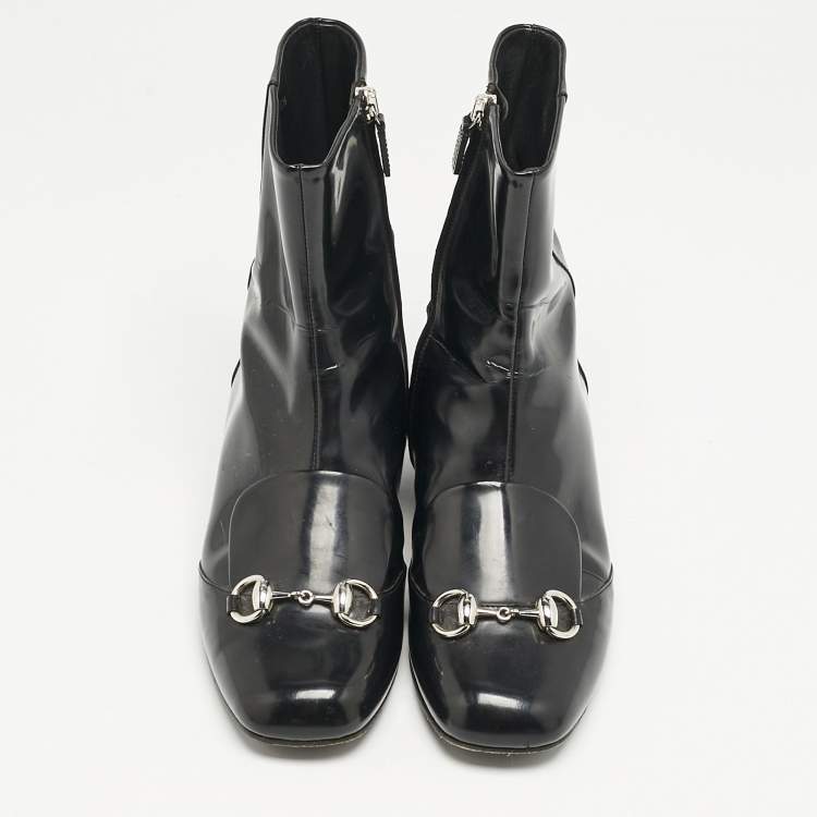Pre Owned Gucci Black Patent Leather Horsebit Mid Calf Length Boots Size 36.5
