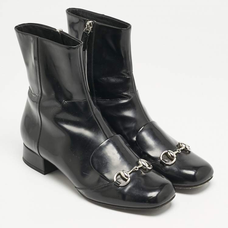 Pre Owned Gucci Black Patent Leather Horsebit Mid Calf Length Boots Size 36.5