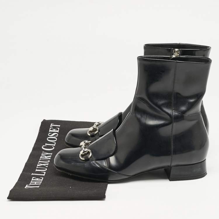 Pre Owned Gucci Black Patent Leather Horsebit Mid Calf Length Boots Size 36.5
