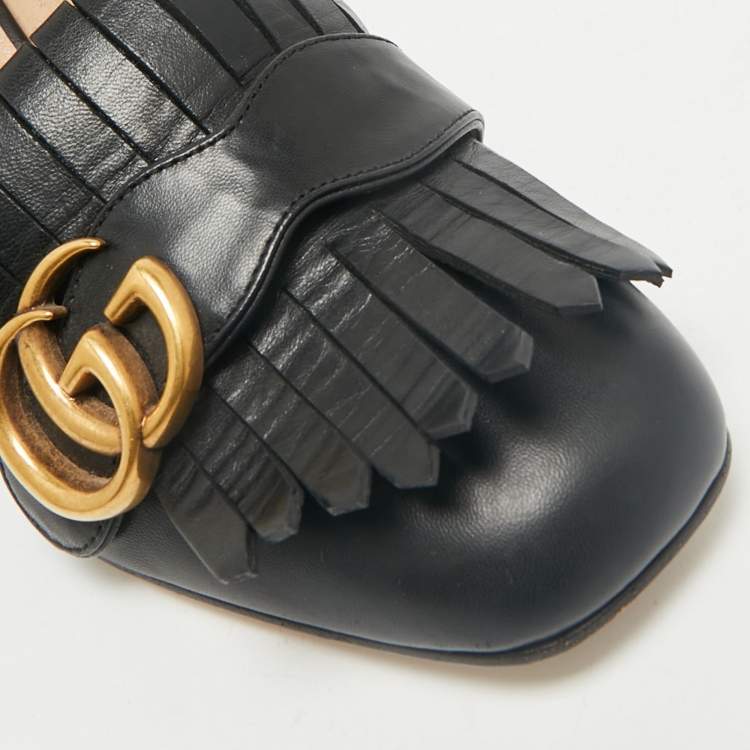 Pre Owned Gucci Black Leather GG Marmont Fringe Block Heel Pumps Size 35