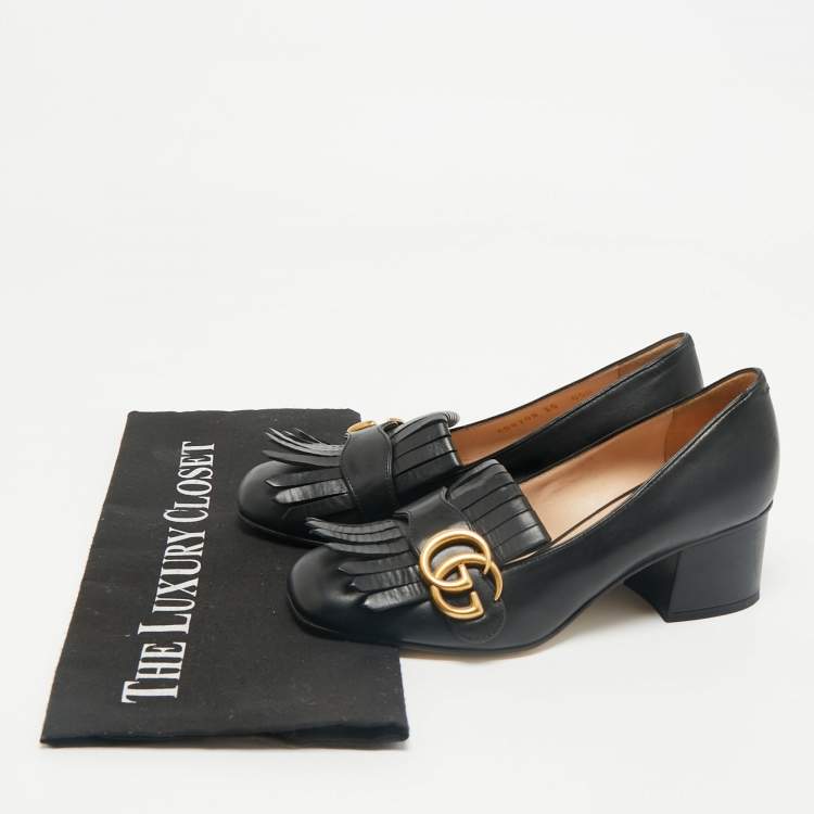 Pre Owned Gucci Black Leather GG Marmont Fringe Block Heel Pumps Size 35