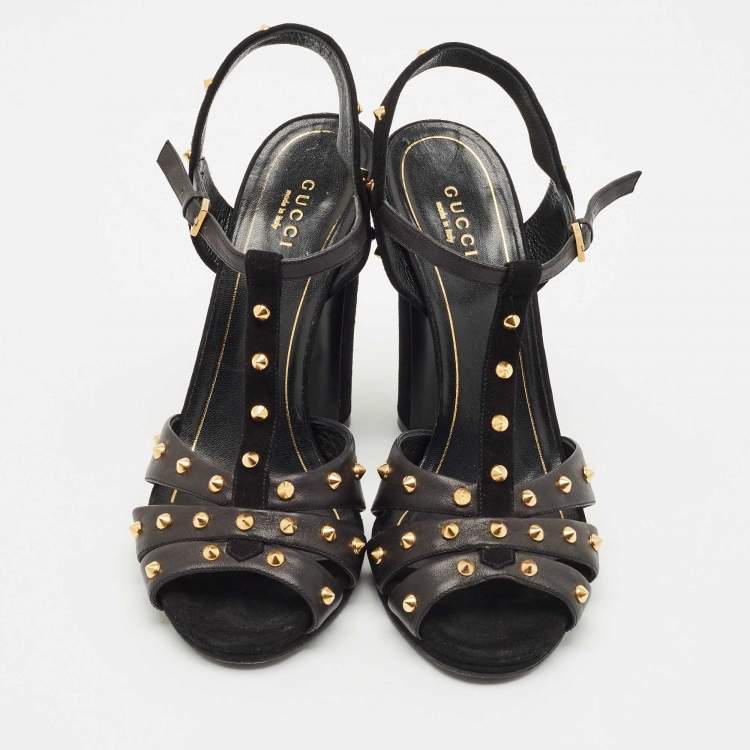 Pre Owned Gucci Black Suede and Leather Studded Ankle Strap Sandals Size 38