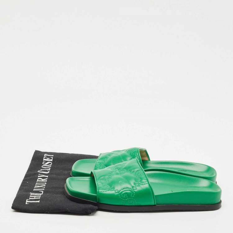 Pre Owned Gucci Green Leather GG Matelassè Embroidered Flat Slide Sandals Size 38