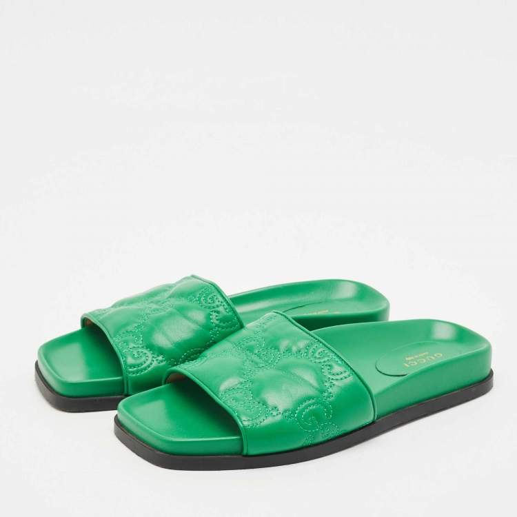 Pre Owned Gucci Green Leather GG Matelassè Embroidered Flat Slide Sandals Size 38