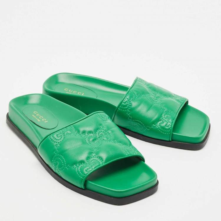 Pre Owned Gucci Green Leather GG Matelassè Embroidered Flat Slide Sandals Size 38