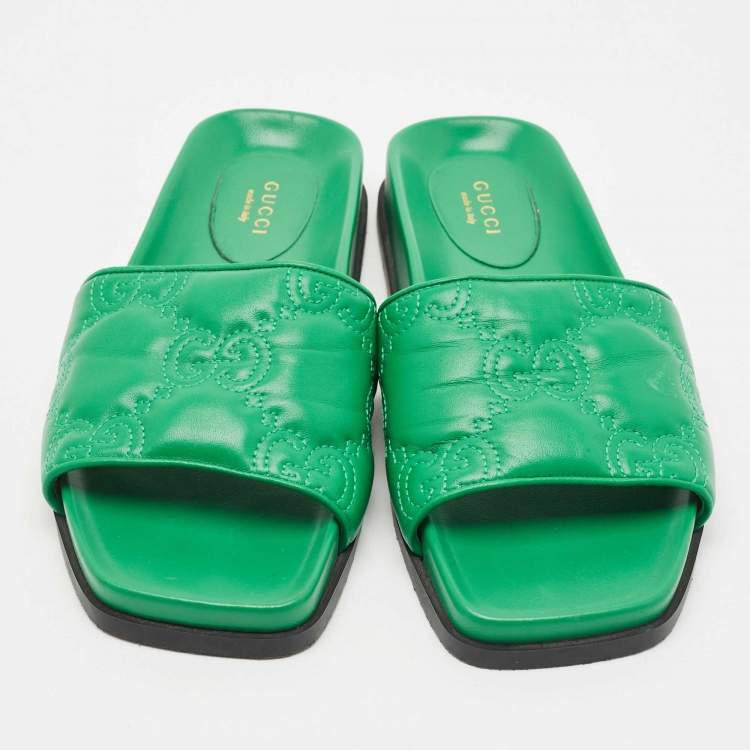 Pre Owned Gucci Green Leather GG Matelassè Embroidered Flat Slide Sandals Size 38