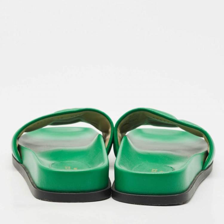 Pre Owned Gucci Green Leather GG Matelassè Embroidered Flat Slide Sandals Size 38