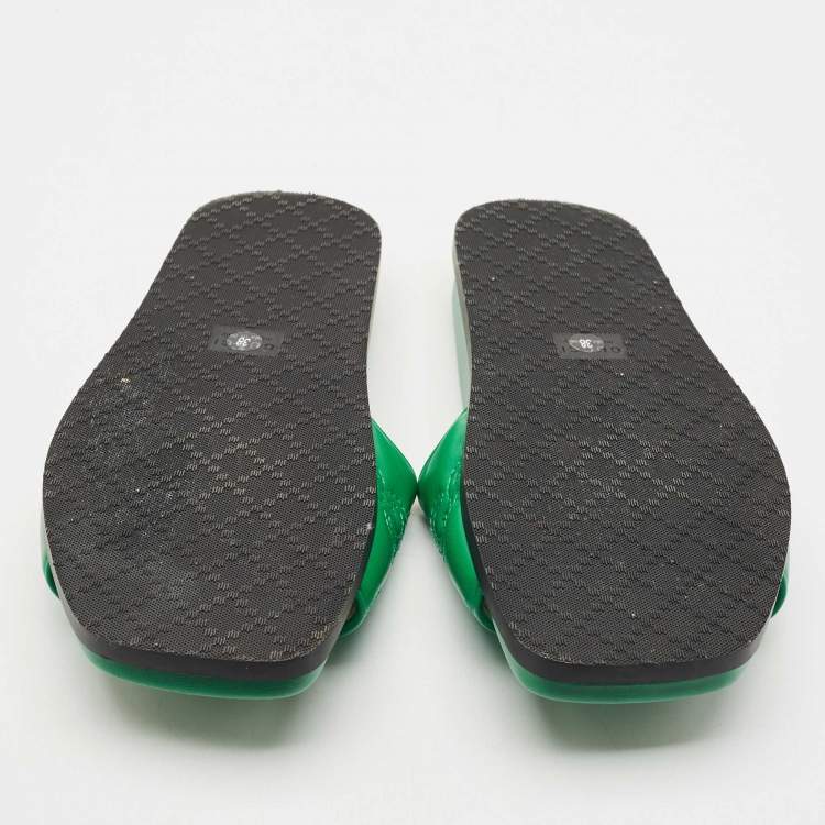 Pre Owned Gucci Green Leather GG Matelassè Embroidered Flat Slide Sandals Size 38