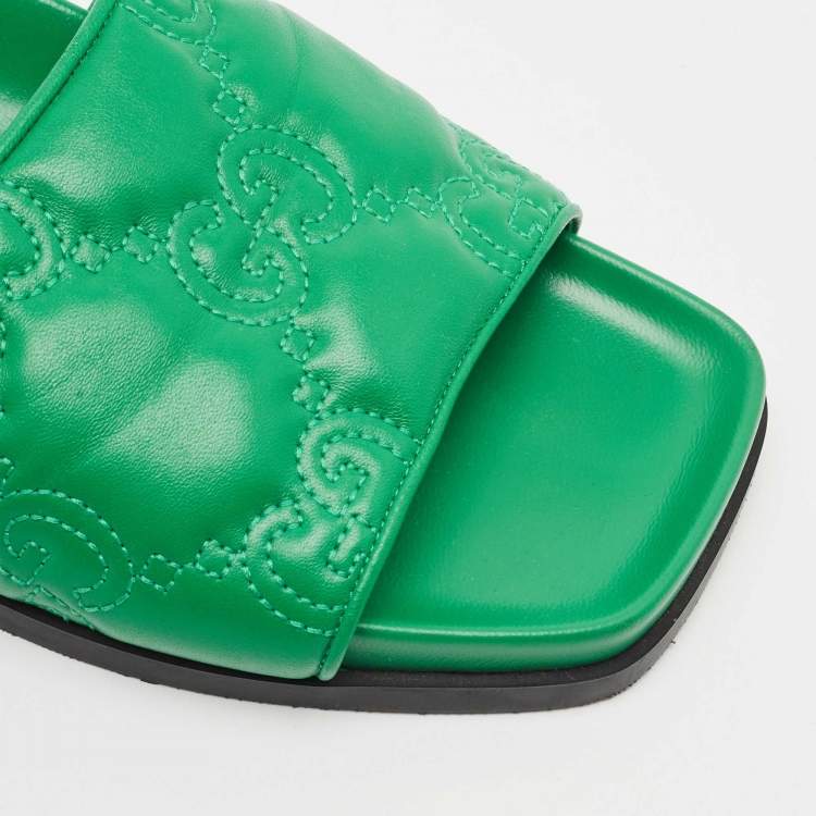 Pre Owned Gucci Green Leather GG Matelassè Embroidered Flat Slide Sandals Size 38