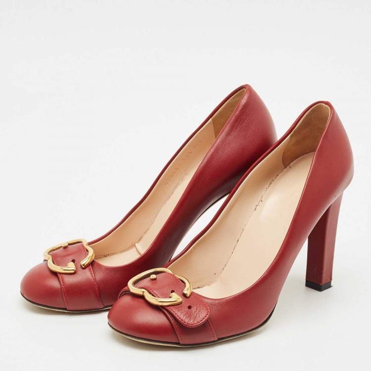 Pre Owned Gucci Red Leather GG Buckle Pumps Size 38.5