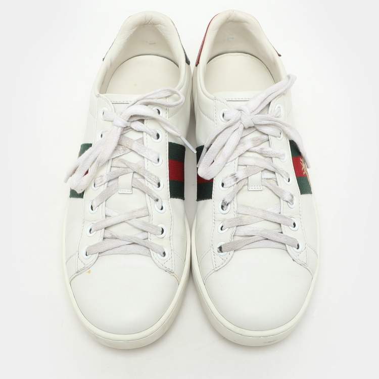 Pre Owned Gucci White Leather Ace Bee Embroidered Low Top Sneakers Size 37