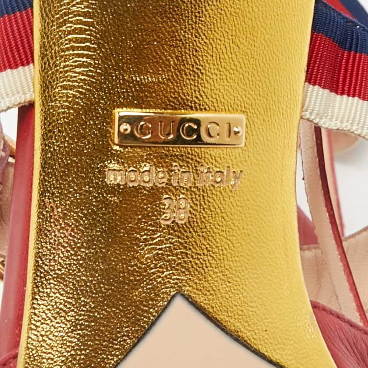 Pre Owned Gucci Red Leather Sylvie Web Strap Bamboo Heel Unia Pumps Size 38