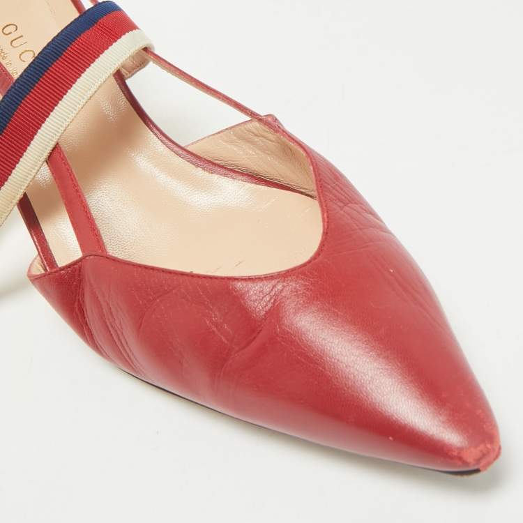 Pre Owned Gucci Red Leather Sylvie Web Strap Bamboo Heel Unia Pumps Size 38