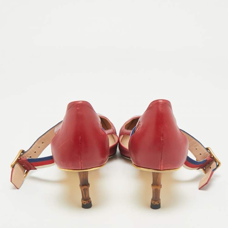 Pre Owned Gucci Red Leather Sylvie Web Strap Bamboo Heel Unia Pumps Size 38