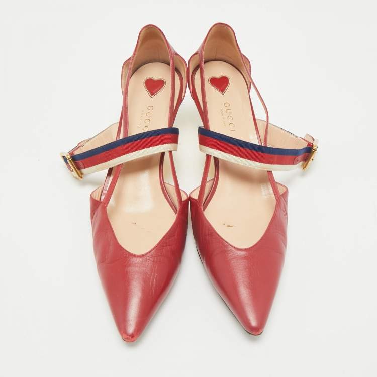 Pre Owned Gucci Red Leather Sylvie Web Strap Bamboo Heel Unia Pumps Size 38