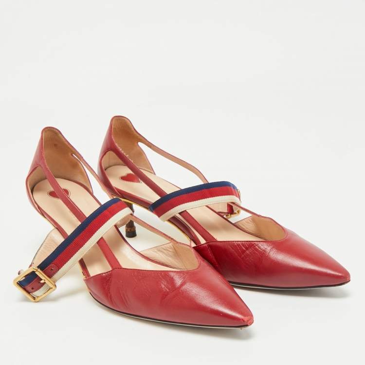 Pre Owned Gucci Red Leather Sylvie Web Strap Bamboo Heel Unia Pumps Size 38